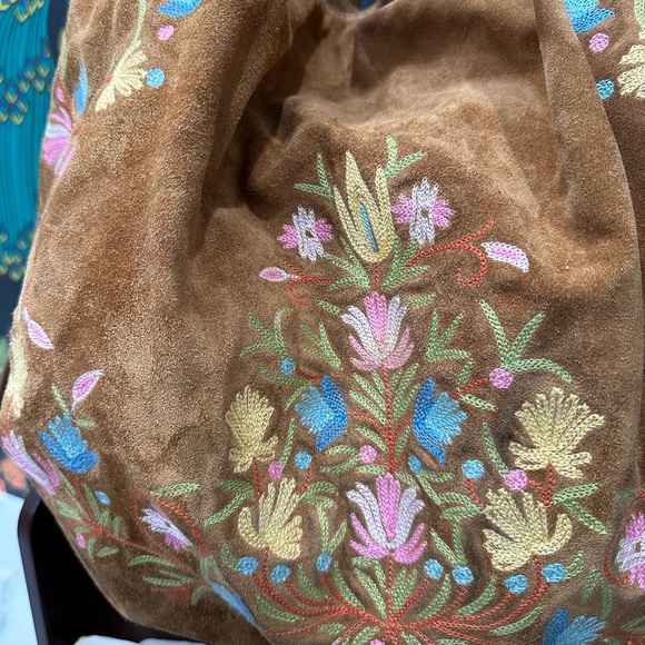 Bally Vintage Embroidered Suede Hobo Tote Bag – Brown with Floral Detailing - Picture 9 of 13